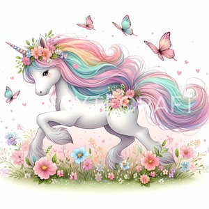 Pastel Unicorn Clipart Set: Watercolor Rainbow Graphics (Commercial Use, JPG)