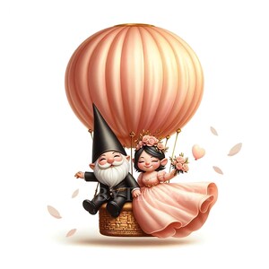 Gnomo casado em balão de ar quente, clipart de gnomo, decoração mágica de casamento, casal de gnomos, design de sublimação, gnomos de casamento, impressão de casamento