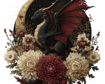 Floral Dragon Clipart Set, Fantasy Watercolor PNG (Digital Download)