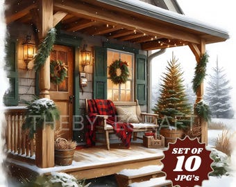 Christmas Farmhouse Watercolor Clipart Bundle: Winter Porch Scene (JPG Digital Download)