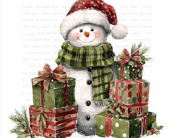 Vintage Christmas Snowman Clipart | Retro Watercolor JPG (Digital Download)