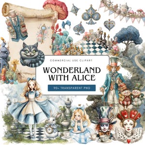 Watercolor Alice in Wonderland Clipart Bundle: 90 PNG Images (Instant Download)