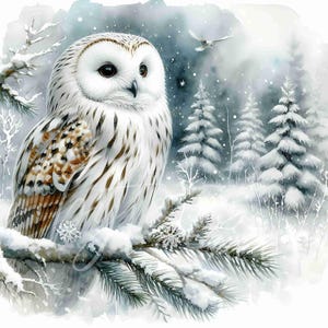 May include: A watercolour painting depicts a snowy owl on a snow-covered branch. The owl has white plumage with brown markings and dark eyes. The background shows a snowy forest with falling snowflakes and a flying bird in the distance.