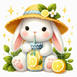 10 Clipart lapin limonade Lapin d'été JPG lunatique fruit jaune Art animalier Junk Journal carte postale Invitation Sublimation décoration de chambre d'enfant