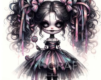 Gothic Chibi Girl Clipart Creepy Cute Doll JPEG Emo Goth Halloween Graphic Dark Fantasy