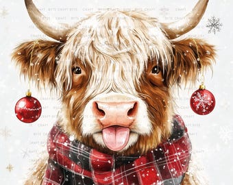 Christmas Highland Cow Clipart, Festive Farm Animal Watercolor (Digital Download)
