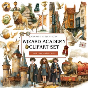May include: Watercolor clipart set featuring a wizard academy theme. Includes illustrations of a lion, deer, owl, train, castle, and students in robes. The text reads "Wizard Academy Clipart Set" with "100+ Transparent PNG" below.