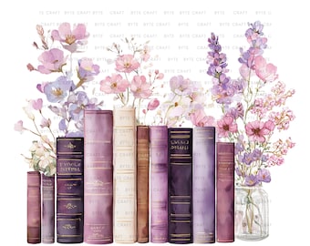 Watercolor Purple Floral Book Stack Clipart (PNG Digital Download)
