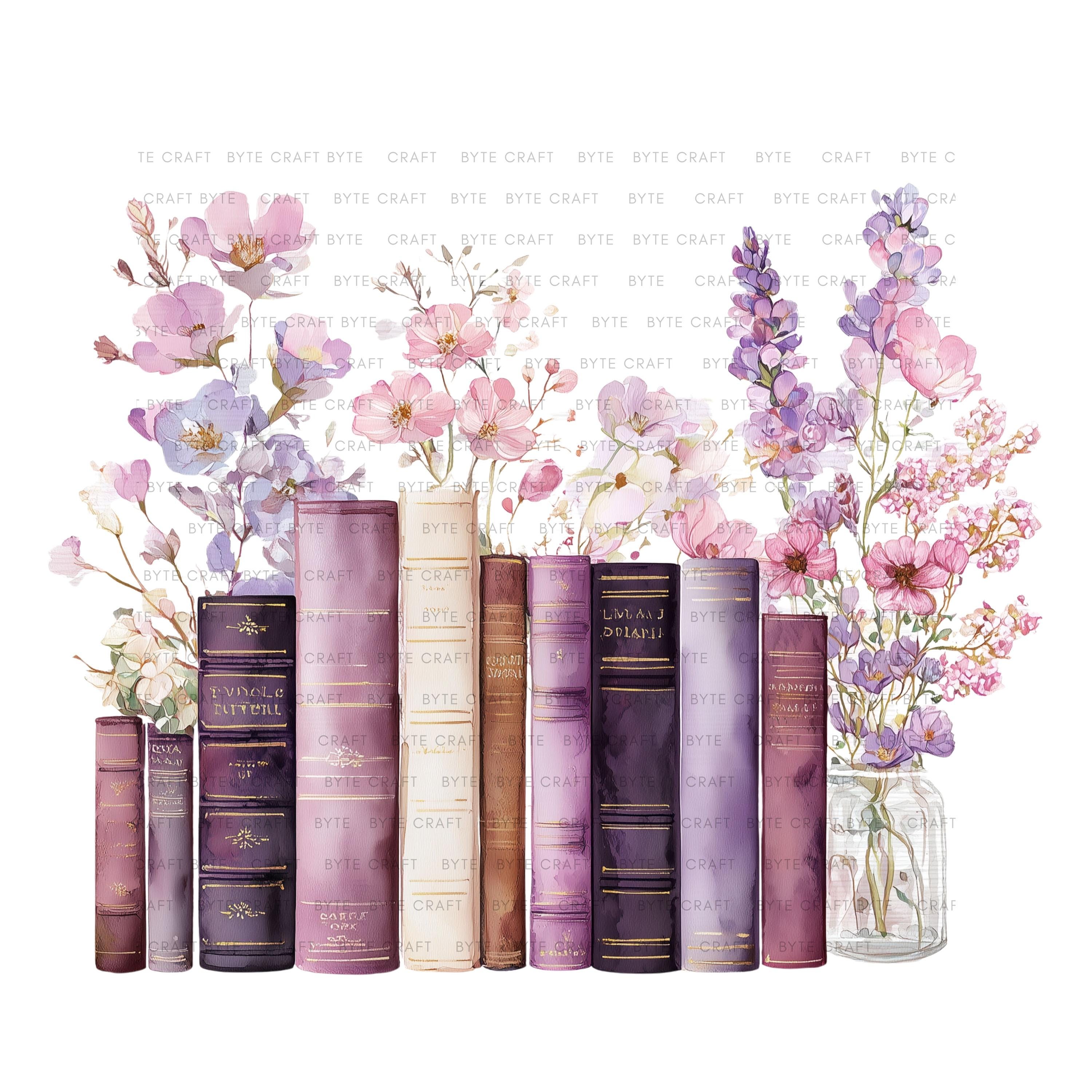 12 Purple Floral Book Stack Clipart, Watercolor Row of Books With ...