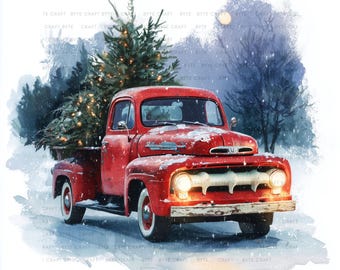 Christmas Truck Watercolor Clipart, Vintage Red Pickup (Digital Download)