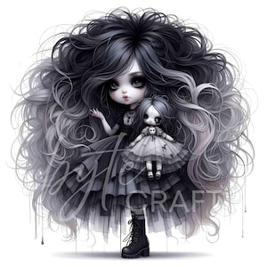 13 Gothic Halloween Chibi Doll Girl Clipart Set Creepy Cute Witch, Reaper, Vampire, Jester Watercolor Doll Art JPEG – Spooky Doll Clip Art