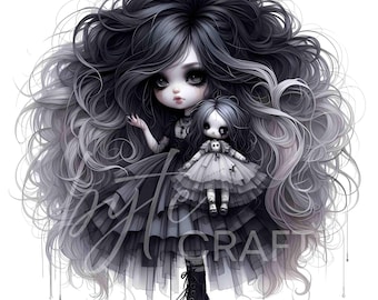 Gothic Chibi Doll Clipart Set, Halloween, Creepy Cute (JPEG)
