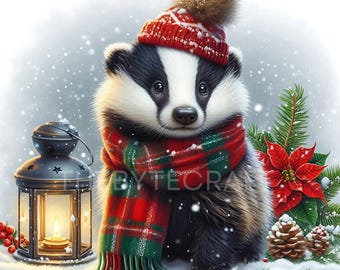 Christmas Badger Clipart Set: Whimsical JPG Images (Digital Download, 300 DPI, 10 Piece Set)