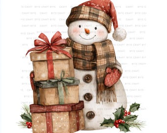 Vintage Christmas Snowman Clipart | Retro Watercolor JPG (Digital Download)