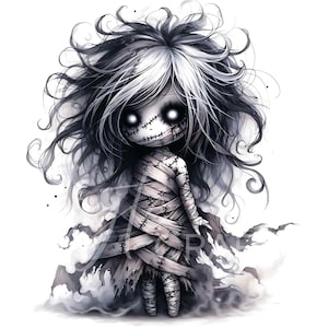 10 Gothic Halloween Chibi Doll Girl Clipart Creepy Cute Witch Reaper Vampire, Jester Watercolor Doll Art JPEG Spooky Doll Clip Art