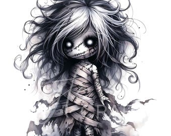 Creepy Cute Gothic Girl Clipart Chibi Doll PNG Emo Goth Halloween Art Dark Fantasy Character