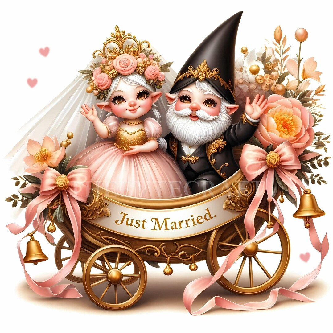 Just Married Gnome Couple, Gnome Clipart Set, Magical Wedding Decor