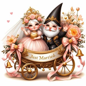Just Married Gnome Couple Gnome clipart set magische bruiloft decor gnome bewonderaars sublimatie ontwerp huwelijk kabouters, bruiloft afdrukbare