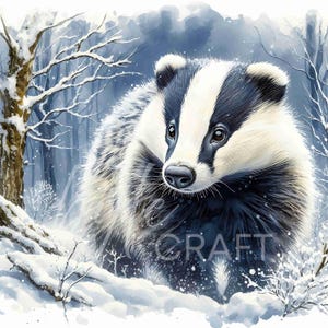 11 imágenes prediseñadas de escena de tejón invernal en formato JPG, animal del bosque en una madriguera nevada, postal artística, decoración de tarjetas navideñas, hoja de diario basura por sublimación