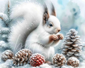 Squirrel and Pinecone Winter Clipart Set: Woodland Christmas Decor (JPG Digital Download)