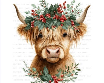 Christmas Highland Cow Clipart | Watercolor Farm Animal Illustration (Digital Download)