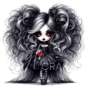 12 Gothic Halloween Chibi Doll Girl Clipart Set Creepy Cute Witch, Reaper, Vampire, Jester Watercolor Doll Art JPEG – Spooky Doll Clip Art