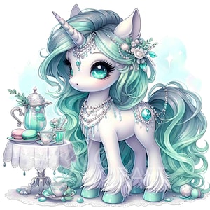 Set van 10 JPEG| 300 DPI Tea Party Eenhoorn Sticker Blush Pink Chibi Pastel Fantasy Tea Time Animal Kawaii Cute Rose Art Stickers Journal