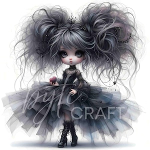 10 Gothic Halloween Chibi Doll Girl Clipart Set Creepy Cute Witch, Reaper, Vampire, Jester Watercolor Doll Art JPEG – Spooky Doll Clip Art