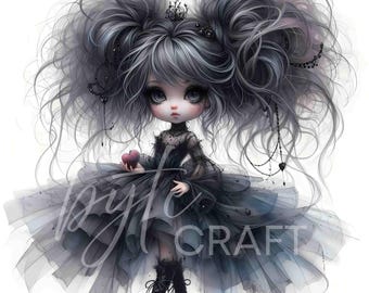 Gothic Chibi Doll Clipart Set, Halloween Watercolor Art (Digital Download)