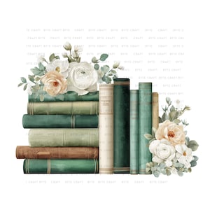 Peut inclure: Illustration à l'aquarelle d'une pile de livres verts, bruns et crème, ornée de roses blanches et pêche et de verdure. L'image contient le texte "TE CRAFT BYTE" répété sur les bords.