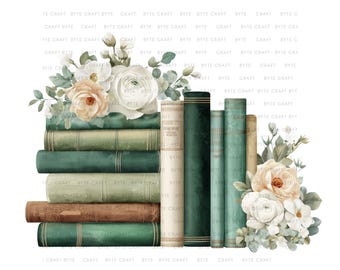 Watercolor Floral Book Stack Clipart: Green Books PNG (Digital Download)
