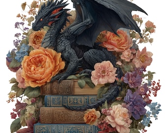 Clipartset Fantasy Black Dragon, aquarel bloemen png (digitale download)