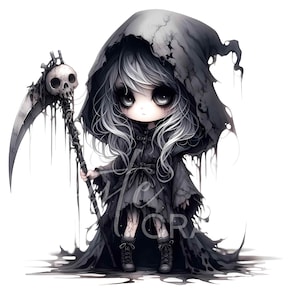 13 Gothic Halloween Chibi Doll Girl Clipart Creepy Cute Witch Reaper Vampire Jester Watercolor Doll Art JPEG Spooky Doll Clip Art