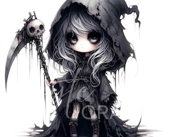 Creepy Grim Reaper Gothic Girl Clipart Chibi Doll JPEG Emo Goth Halloween Art Dark Fantasy Character