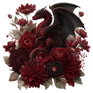 May include: A digital illustration of a red dragon with black wings, nestled among a bouquet of deep red flowers. The flowers include dahlias and roses, with muted green foliage. The dragon is detailed with textured scales.