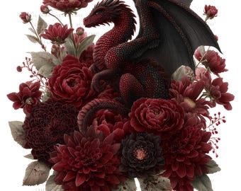 Red Dragon Clipart Set: Roses, Fairytale Art (PNG Digital Download)