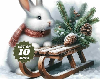 Winter Bunny Watercolor Clipart: Snowy Rabbit Christmas Art (JPG Digital Download)