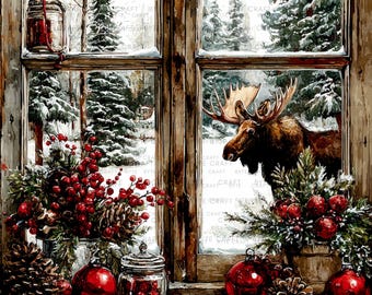 Watercolor Christmas Clipart: Winter Window with Deer (JPEG Digital Download)