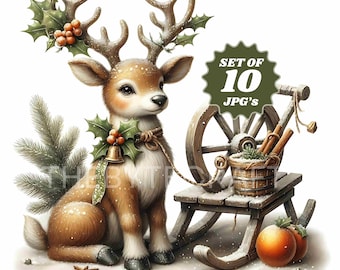 Winter Reindeer Watercolor Clipart Bundle: Christmas Fawn Images (JPG Digital Download)