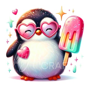 11 Clipart pingouin dans une glace, oiseau d'été mignon, pingouin kawaii avec de la glace, cliparts, journal indésirable, carte postale d'invitation, décoration de chambre d'enfant à sublimation