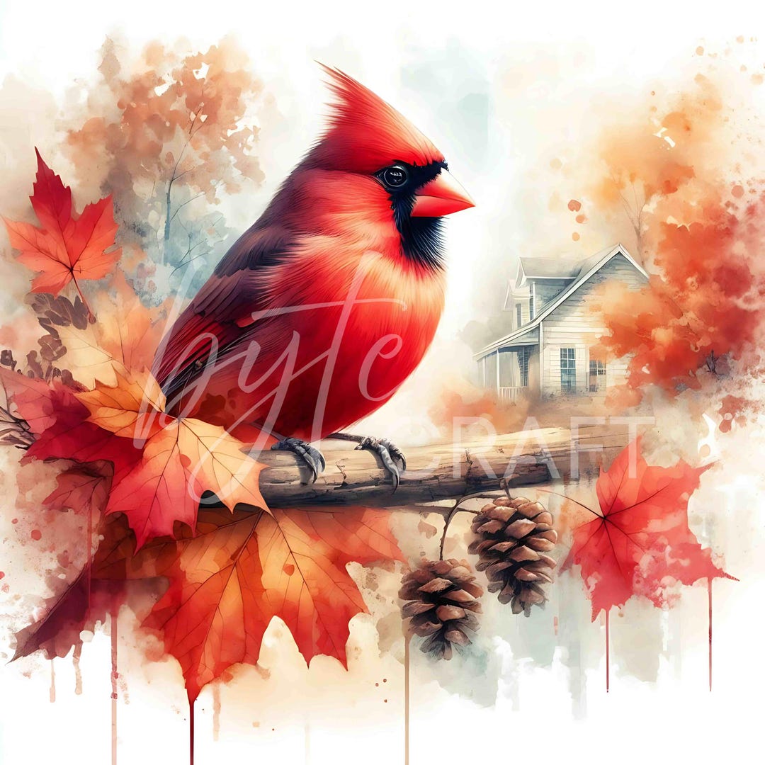 11 Red Cardinal Autumn Clipart JPG Woodland Bird Leaves Illustration ...