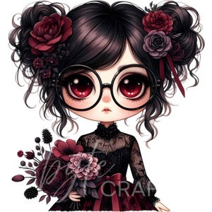 Gothic Cottagecore Girl Clipart: Vintage Watercolor Flower Illustration (Set of 10 JPEG)