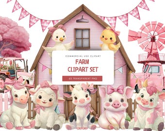 Watercolor Farm Animal Clipart: Pink Kawaii PNG Set (Digital Download)