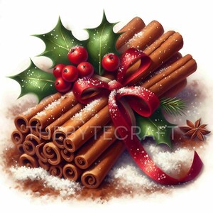 Könnte beinhalten: Ein festliches Arrangement aus Zimtstangen, roten Beeren und grünen Stechpalmenblättern, gebunden mit einem roten Band. Das Bild hat einen Aquarelleffekt mit einer Staubschicht aus weißem Schnee. Sternanis ergänzt das Feierthema.