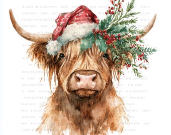 Watercolor Christmas Highland Cow Clipart | Farmhouse Animal (Digital Download)