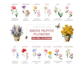 Birth Month Flower Watercolor Clipart, Floral PNG Set (Digital Download)