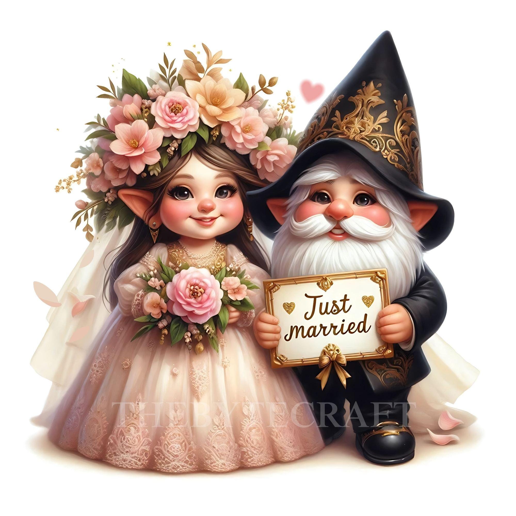 Just Married Gnomes, Gnome Clipart Set, Magical Wedding Decor, Gnome