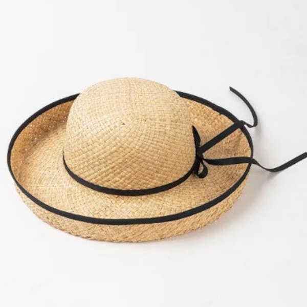 Dames femmes mode voyage en plein air protection solaire visière paille mode chapeau arc bord roulé raphia bassin chapeau de paille