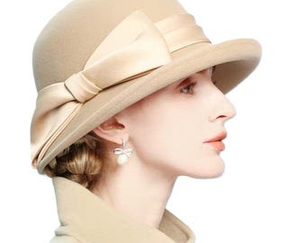 Ladies Elegant Camel Millinery Wool Felt Hats For Women With Bowknot Fashion Fedora Ladies Formal Autumn Winter Hat - FREE SHIPPING
