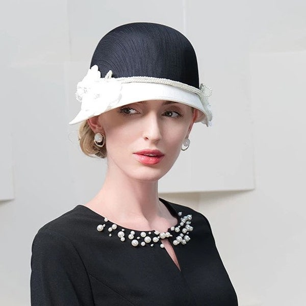 Elegant White Black Hats With Flower British Top Hat Ladies Vintage Cocktail Tea Party Cap Wedding Church Millinery